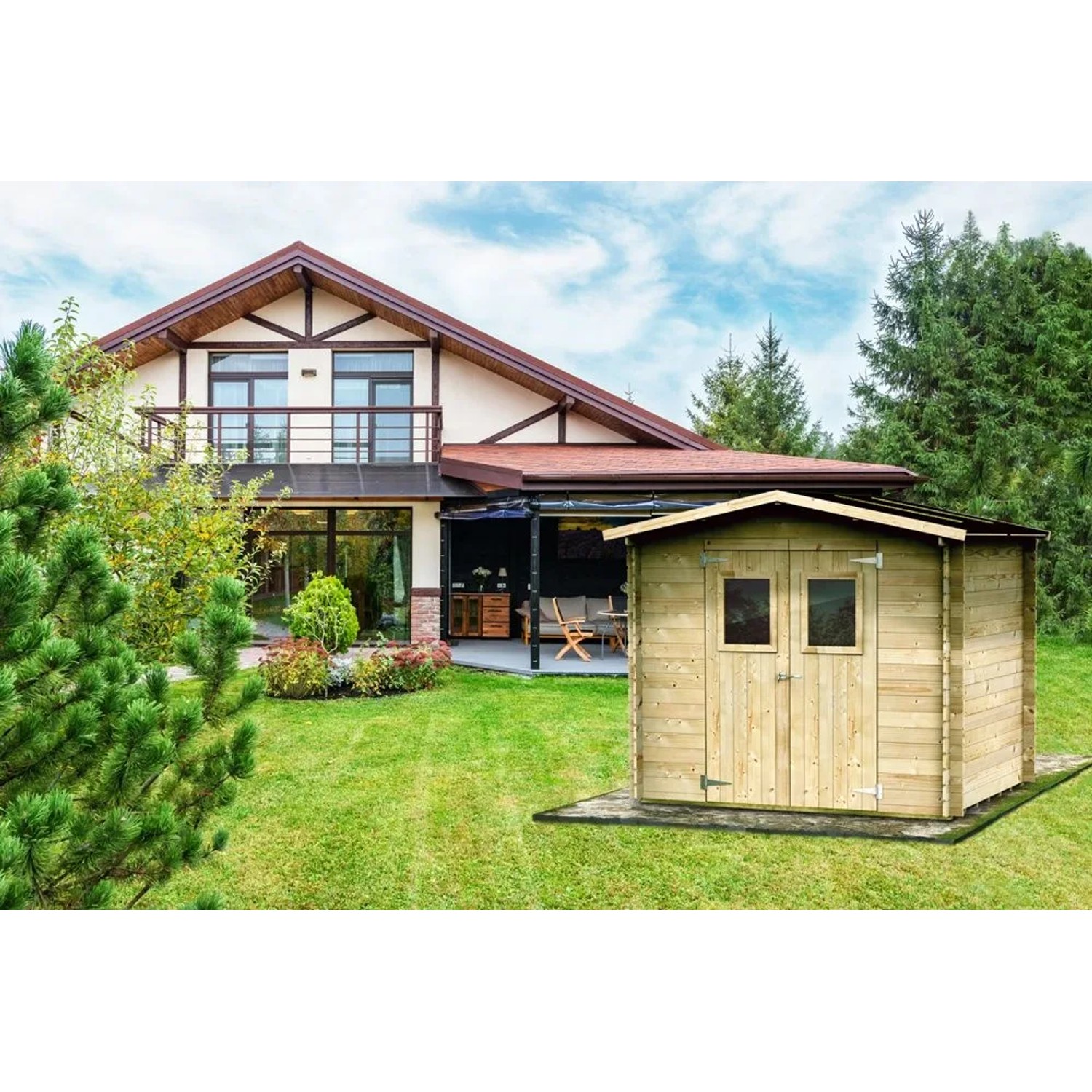 Casetta da giardino in legno Bh19 Argenta. Capanno in legno chiaro con doppia porta e finestre, ideale per attrezzi.