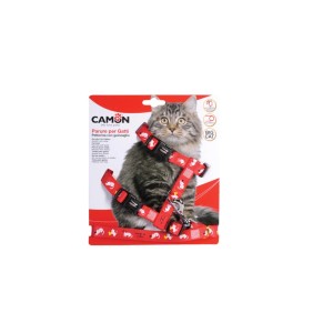 Pettorina rossa per gatti con guinzaglio e motivi di gatti bianchi, categoria cucce per gatti.