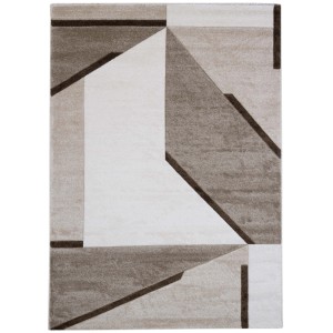Tappeto moderno con motivo geometrico nei toni del beige e del marrone.
