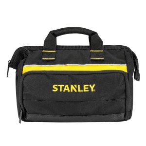 Borsa porta attrezzi Stanley nera da 12 pollici in nylon resistente con dettagli e logo gialli.