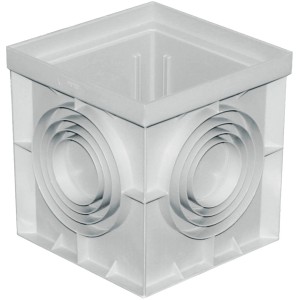 Pozzetto di scarico t.b.t. bianco, quadrato con raccordi laterali per tubi.