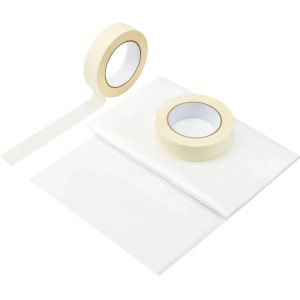 Set con 2 rotoli di nastro adesivo e 2 teli protettivi bianchi per pittura e copertura.