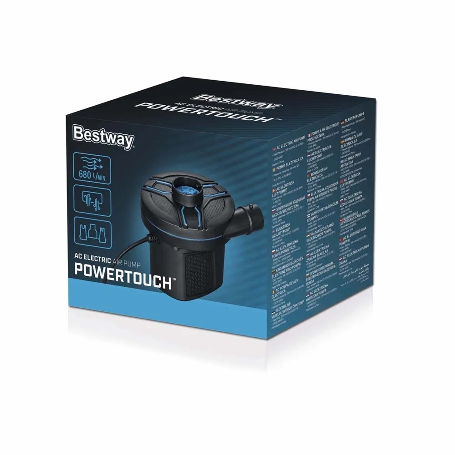 Pompa elettrica Bestway PowerTouch (220-240V) nella scatola, ideale per gonfiare materassini e piscine.
