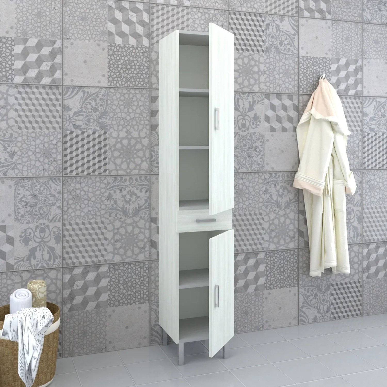 Mobile bagno stretto aperto effetto legno, categoria arredo bagno.