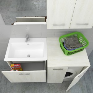 Moderno set di mobili da bagno con lavabo, mobile base e lavatrice in decoro legno chiaro.