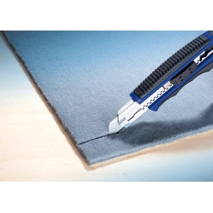 Cutter LUX Comfort 100 mm taglia tessuto grigio. Coltello universale con manico blu.
