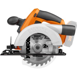 Sega circolare a batteria compatta Worx WX529.9, 20 V, con corpo arancione e lama. Ideale per tagliare il legno.
