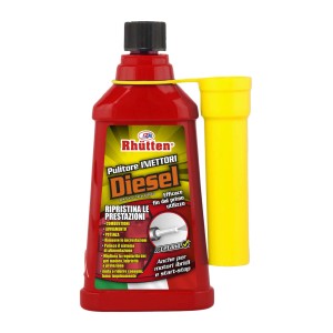 Rhütten Pulitore Iniettori Diesel, contenitore rosso con accessorio giallo. Olio e additivo per motori.