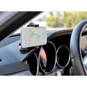 Supporto per telefono da auto con ventosa sul cruscotto.