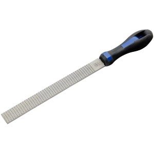 Lima raspa piatta LUX, 200 mm, con impugnatura comfort blu e nera per legno e metallo.