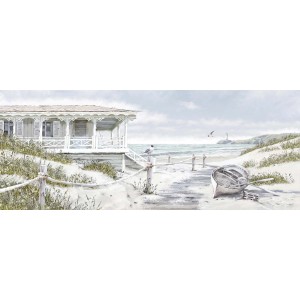 Quadri: Paesaggio costiero con casa, sentiero per la spiaggia e barca in stile marittimo luminoso.