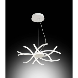 Moderna lampada a sospensione t.b.t. bianca con bracci LED curvi per un'illuminazione elegante.