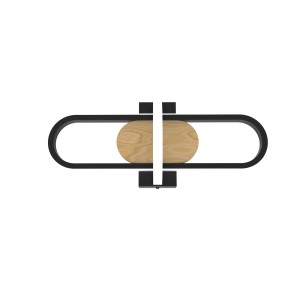 Applique LED moderna con elementi in legno e metallo.
