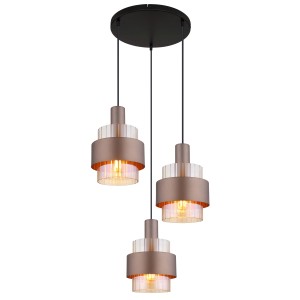 Lampada a sospensione moderna con tre paralumi in bronzo e vetro.
