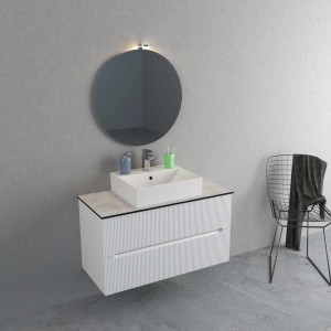Set di mobili da bagno moderni con lavabo, mobile sottolavabo e specchio. Design elegante per il bagno.
