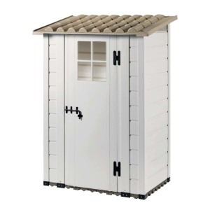 Casetta da giardino in plastica bianca con porta e finestra, ideale per riporre gli oggetti in giardino.