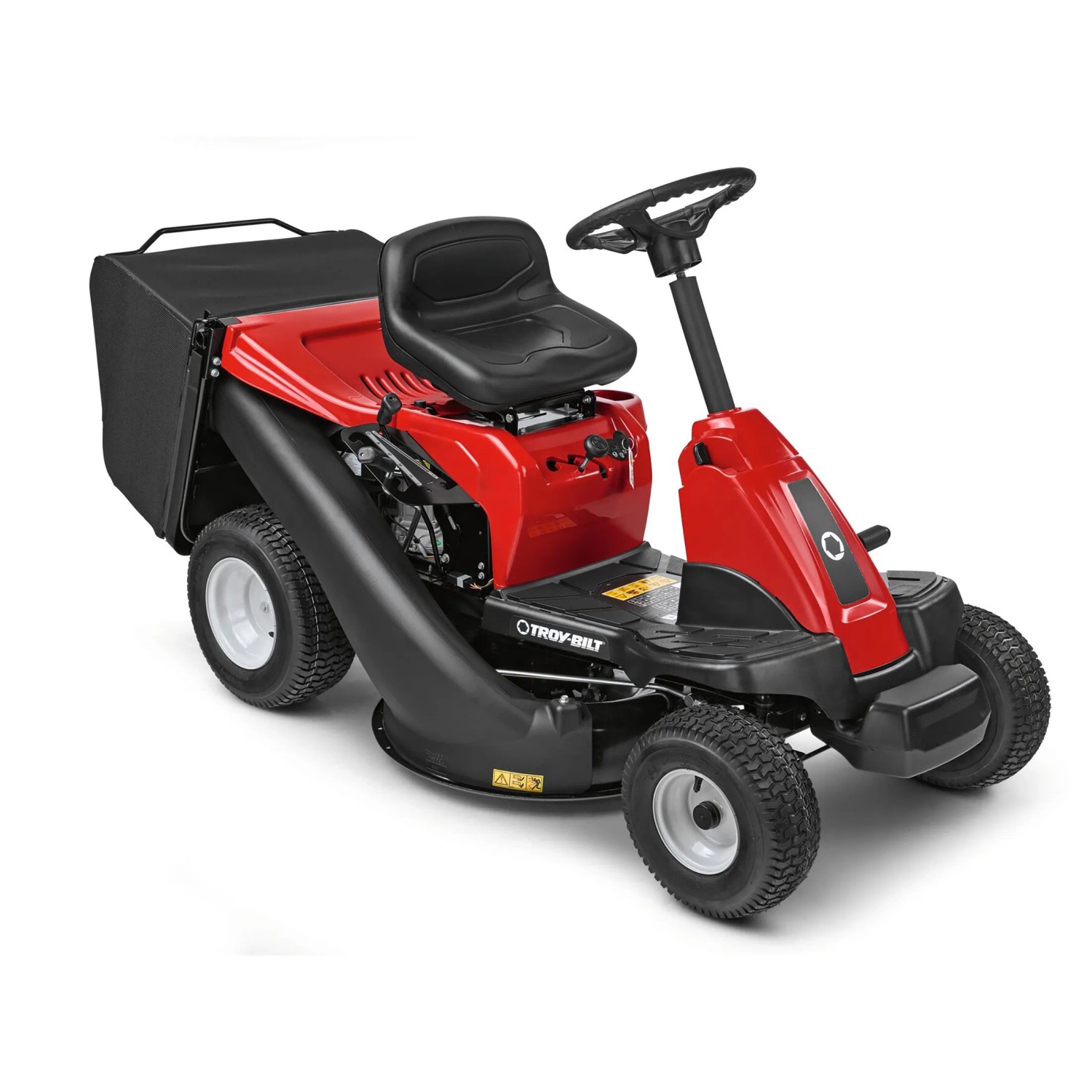 Tosaerba rider Troy-Bilt Mini-Rider 60T-R rosso con scarico posteriore e cesto di raccolta.