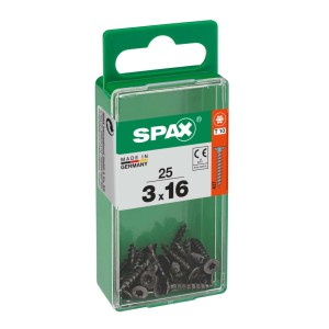 Set di viti SPAX, 3x16 mm, in confezione verde. Elementi di fissaggio universali per varie applicazioni.