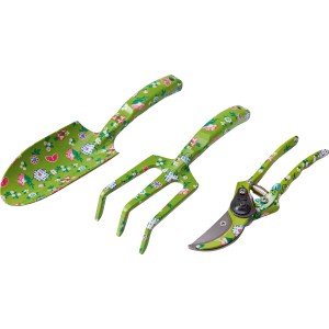 Set di attrezzi da giardino a 3 pezzi con motivo floreale: paletta, rastrello e cesoie.