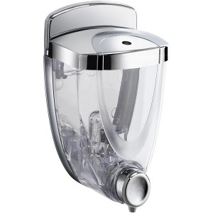 Dispenser sapone t.b.t. in cromo e plastica trasparente.