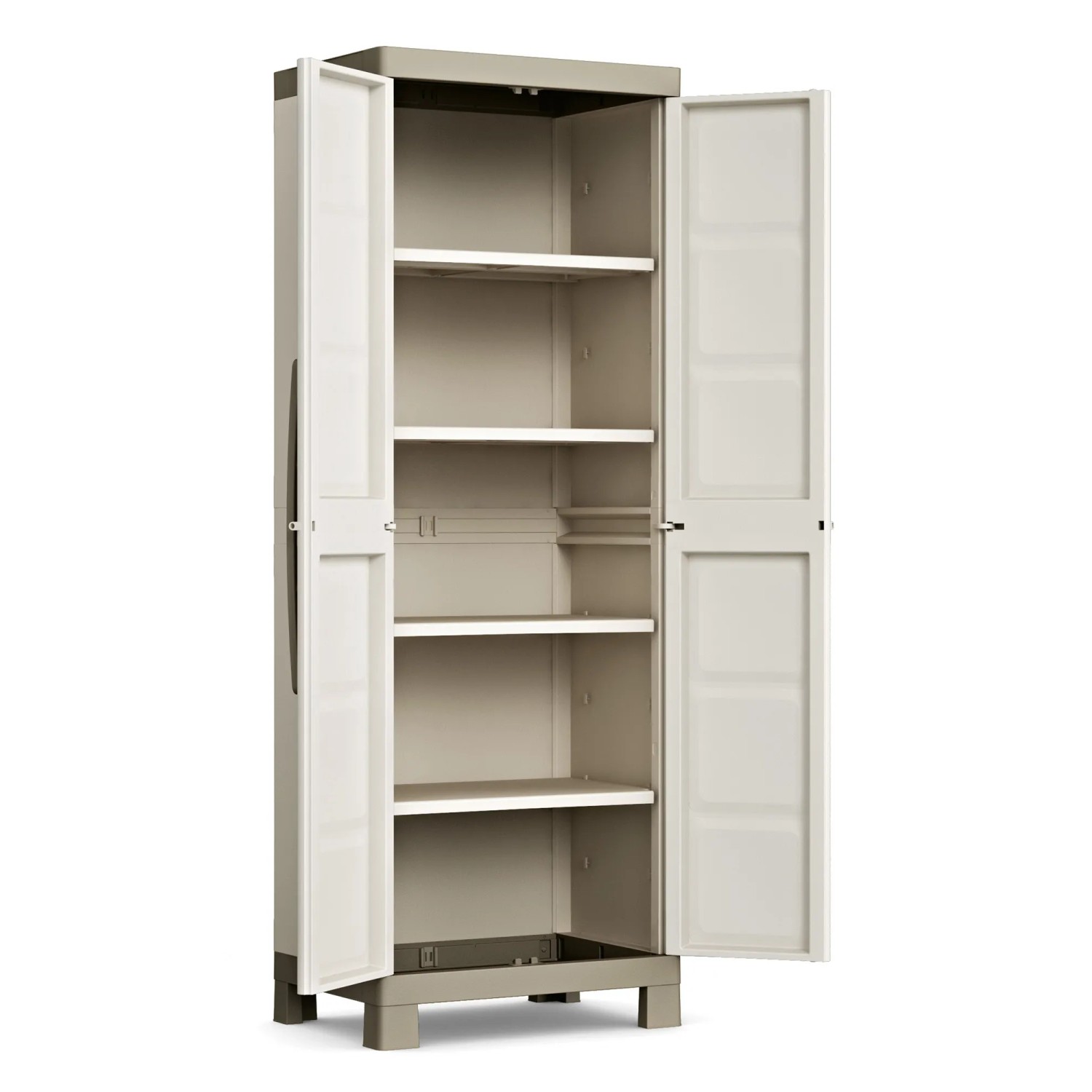 Mobile da balcone aperto beige t.b.t. con ripiani per uso esterno.