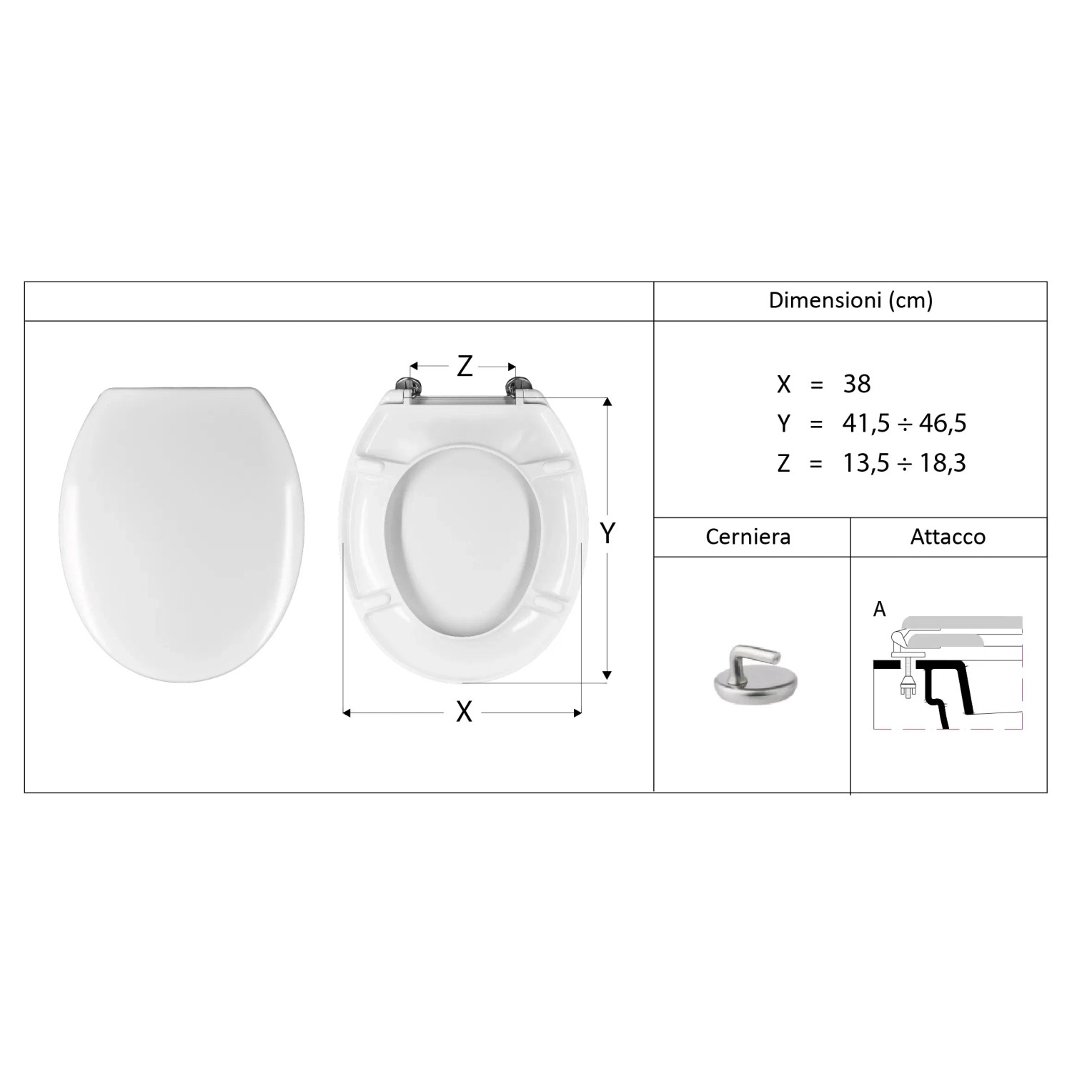 Schema di un sedile WC t.b.t. bianco con dimensioni.