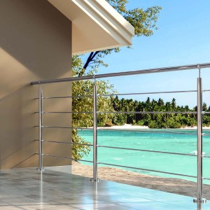 Ringhiera in acciaio inox con sfondo tropicale. Accessori per scale e ringhiere.