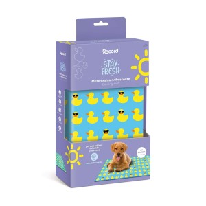 Tappetino refrigerante per cani con motivo a anatra in confezione viola.