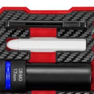 Einhell Set bussole a impatto per auto, 5 pezzi con protezione cerchi, misuratore profondità battistrada e gesso per pneumatici in valigetta.