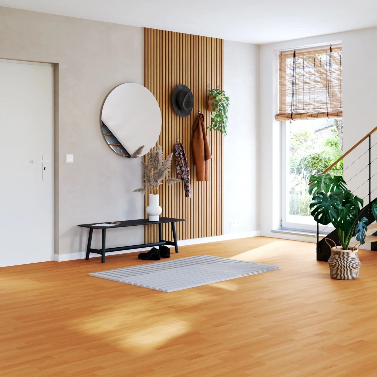 Pavimento laminato in faggio da 6 mm installato in un corridoio moderno.