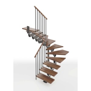 Scala a chiocciola t.b.t. per interni con gradini in legno e ringhiera in metallo.