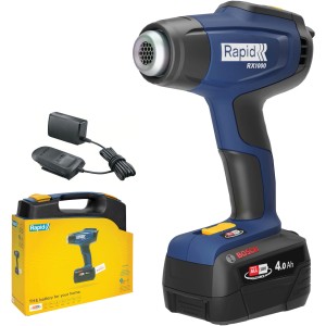 Pistola termica a batteria Rapid RX1000 18 V con batteria, caricabatterie e custodia.