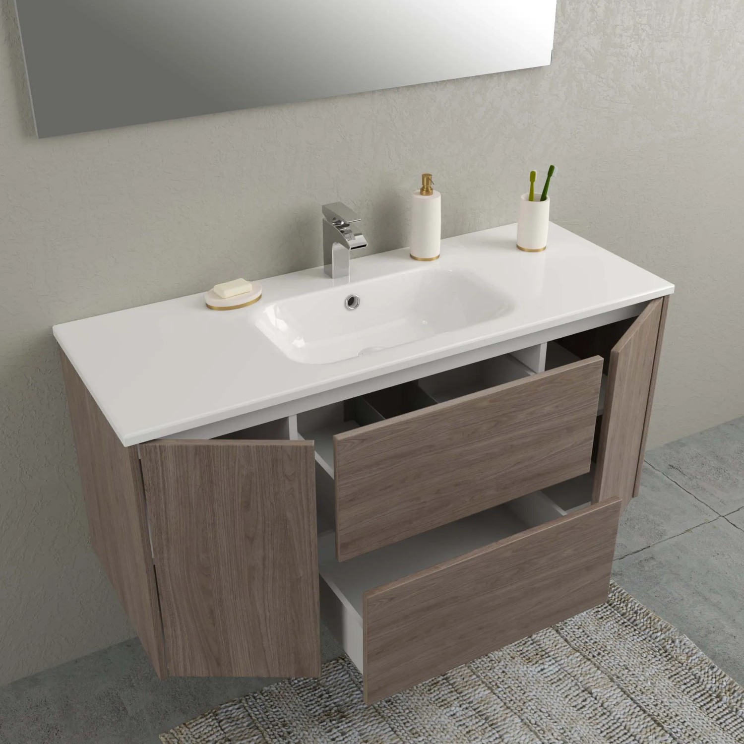 Mobile bagno t.b.t. con lavabo bianco e frontali effetto legno.