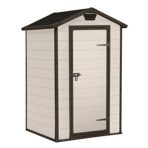 Piccolo box da giardino in plastica beige con tetto e porta marroni. Ideale per riporre gli oggetti in giardino.