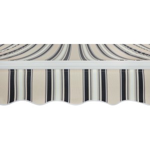 Dettaglio di una tenda da sole t.b.t. a strisce con balza bianca.