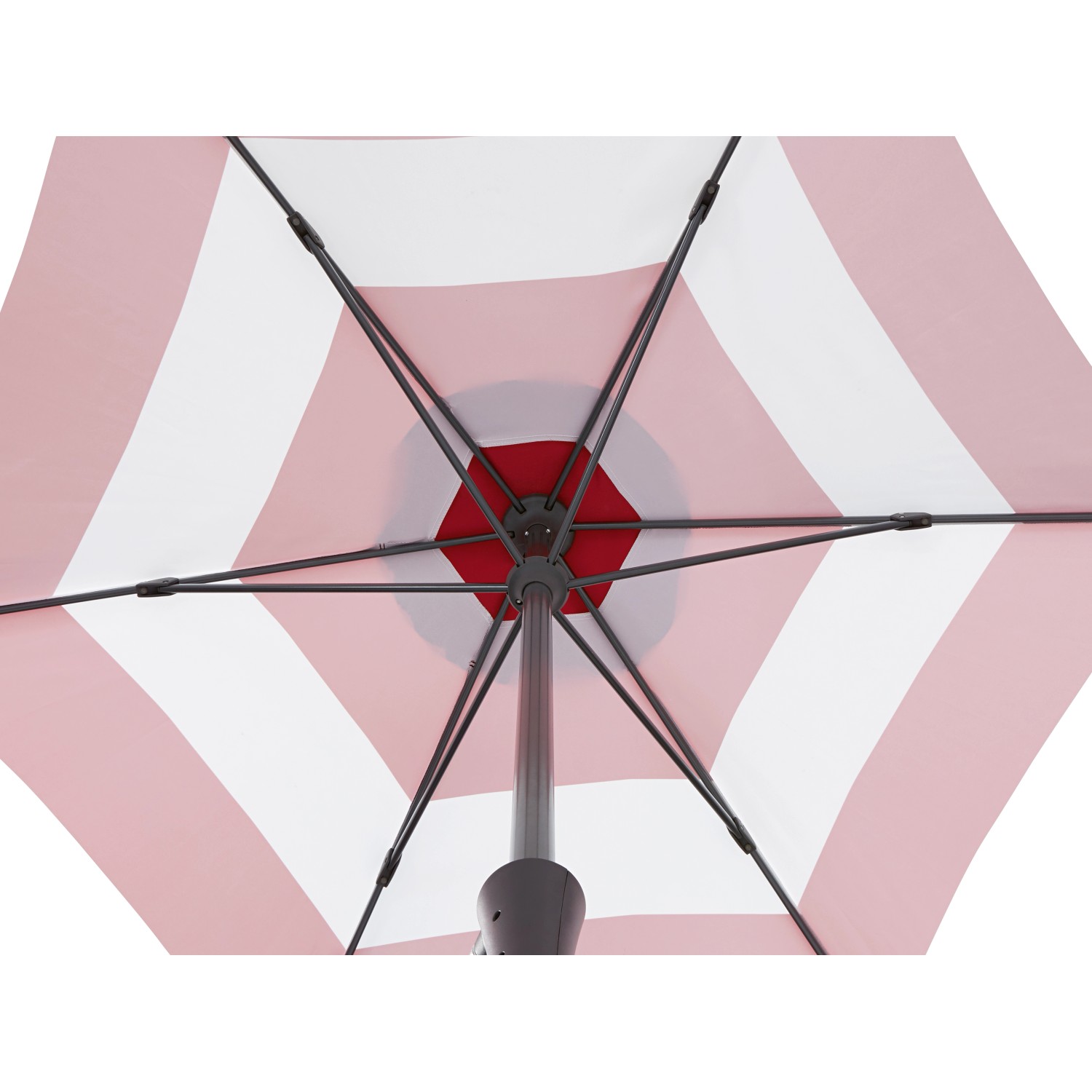 Dettaglio ombrellone Honolulu, Ø 300 cm, a righe bianche e rosse, vista dal basso.