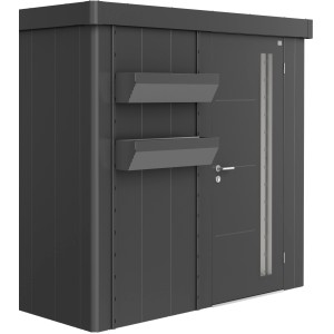 Biohort FloraBoard in grigio scuro metallizzato su casetta da giardino Neo. Accessorio per casetta da giardino con fioriere.