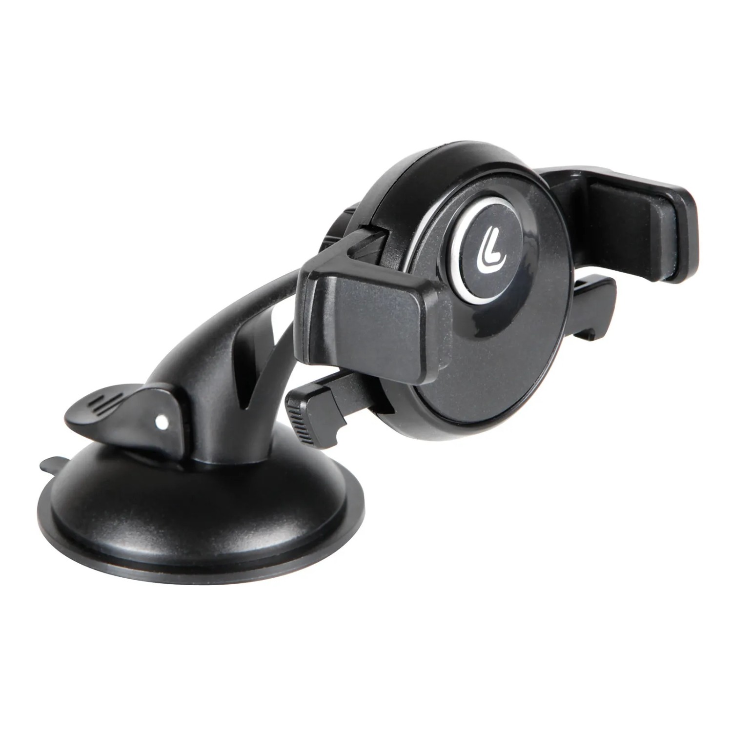 Supporto universale nero per telefono da auto con ventosa per montaggio sul parabrezza.