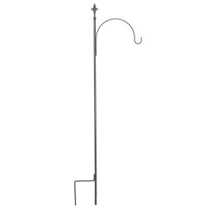 Supporto nero per cesto sospeso da giardino, ideale per vasi sospesi.