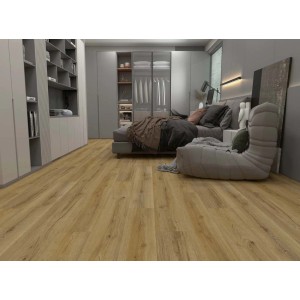 Pavimento vinilico chiaro posato in una camera da letto. Dettaglio della struttura del pavimento.