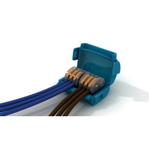 Giunto t.b.t. con cavi blu e marroni.