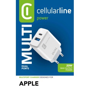 Caricatore multiporta Cellularline bianco con doppia porta e potenza 20W per dispositivi Apple.