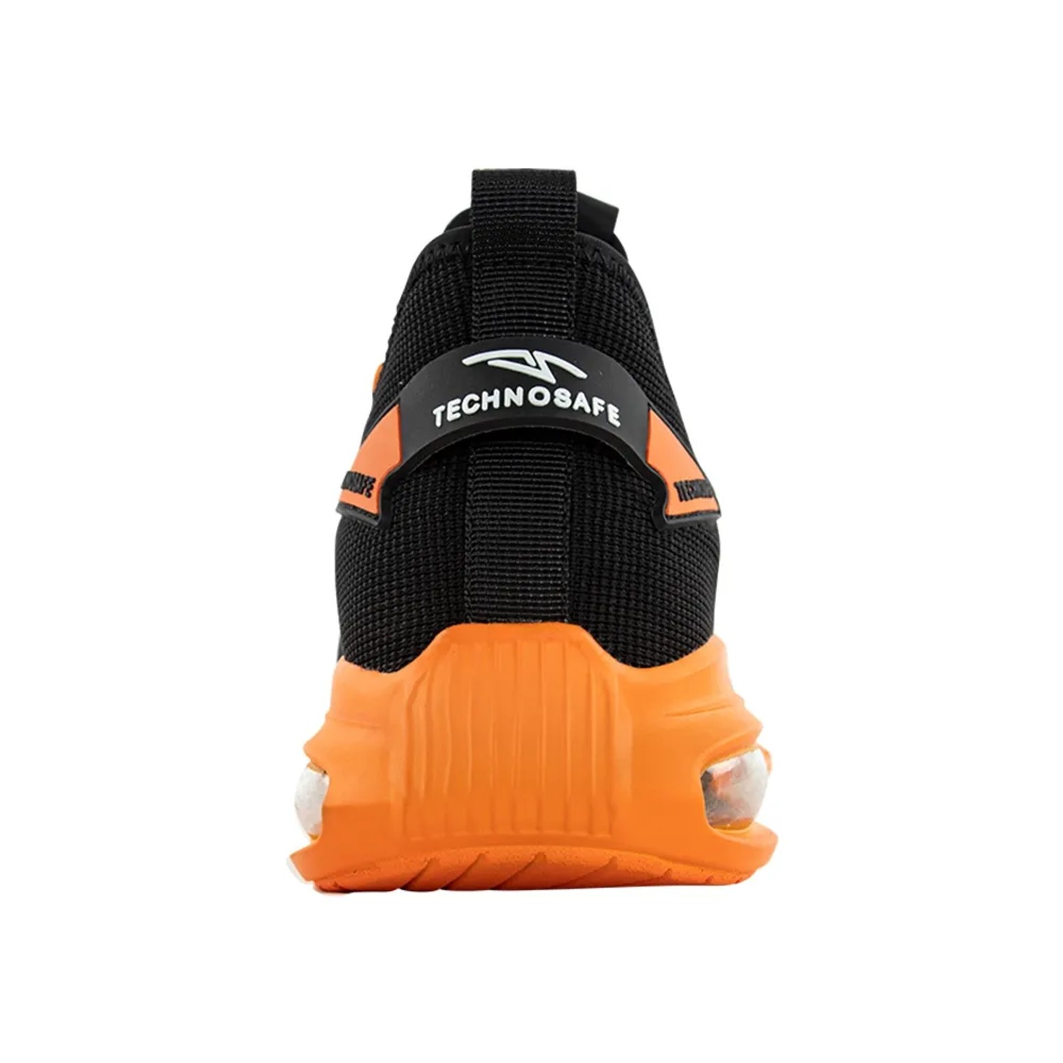 Scarpa da lavoro nera t.b.t. con suola arancione e scritta "Technosafe".