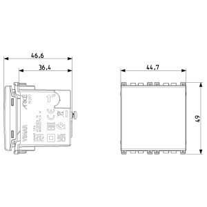 Disegno tecnico dell'inserto interruttore t.b.t. con dimensioni per l'installazione.