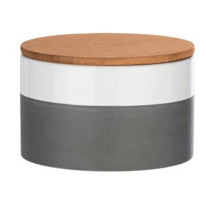 Contenitore t.b.t.: Contenitore in ceramica grigia con striscia bianca e coperchio in legno.