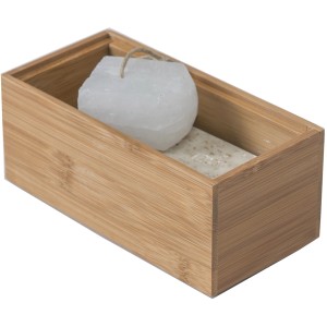 Accessorio bagno: portasapone in bambù con sapone e sali da bagno.