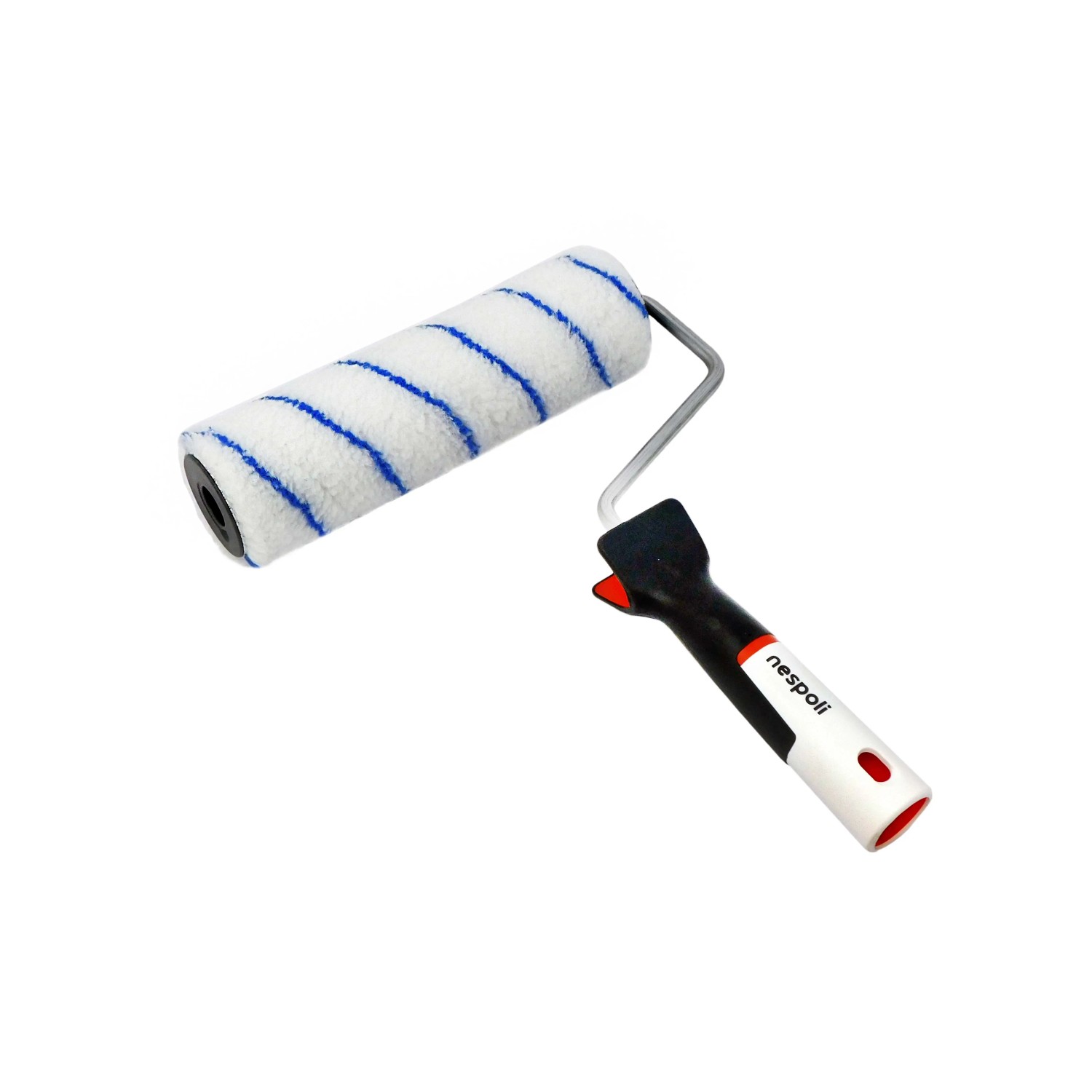 Rullo per pittura con rullo a righe blu e manico in plastica.
