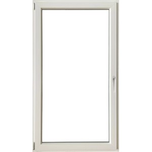 Telaio finestra in PVC bianco con maniglia. Finestre per nuove costruzioni e ristrutturazioni.