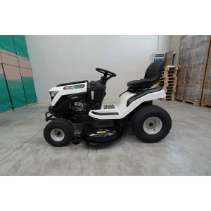Tosaerba trattorino bianco e nero. Ideale per grandi prati.