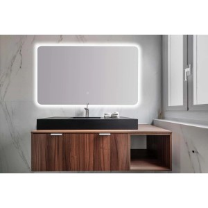 Specchio rettangolare a LED sopra un mobile lavabo con mobile base in legno. Categoria: Specchiere.